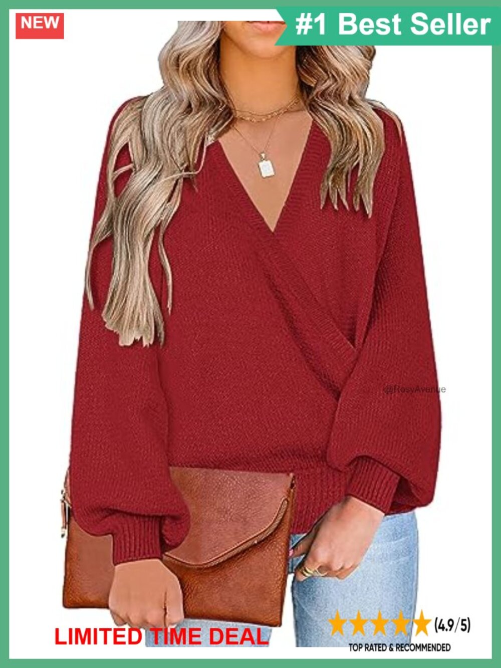 Faux Wrap Surplice V Neck Knit Long Sleeve Pullover Sweater Top